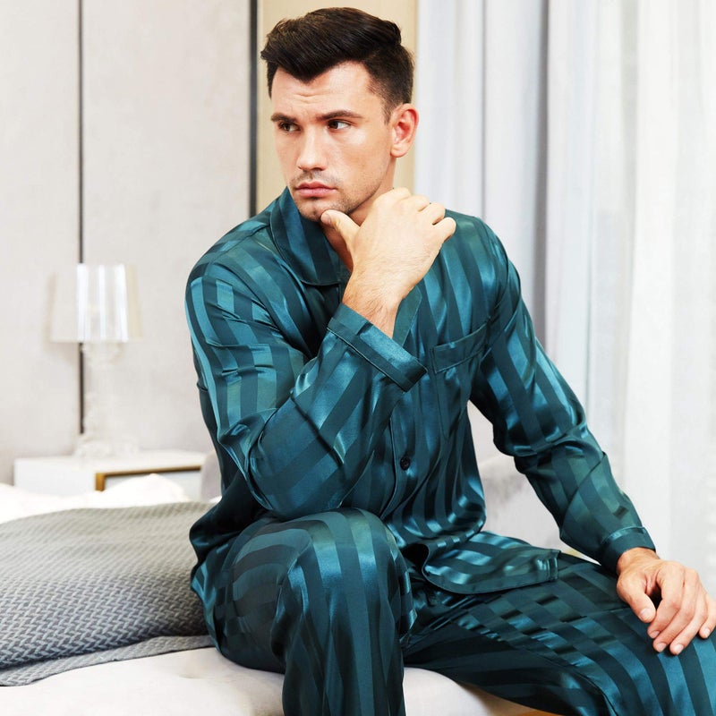 Lonxu Mens Satin Pajamas Set Green XL - Image 5